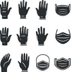 Fototapeta premium Black and white icons of gloves and masks symbolizing safety and protection measures.