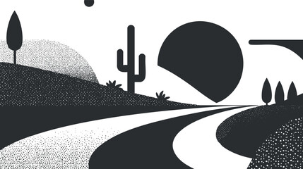 Minimalist desert landscape with a cactus, road, and sunset in black and white illustration.