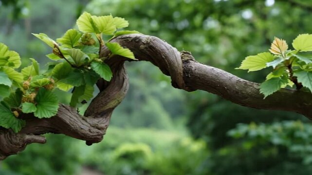 A serene close-up shot captures the intricate beauty of a gnarled tree branch adorned with vibrant, fresh green leaves and delicate nascent buds, basking in soft natural light. The textured bark of th