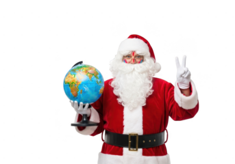 Santa claus holding a small globe of the earth in one hand and making a peace sign with the other, isolated on transparent background