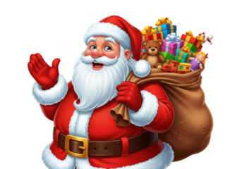 Cheerful cartoon santa claus waving with one hand while carrying a large sack full of colorful christmas presents and toys, isolated on transparent background