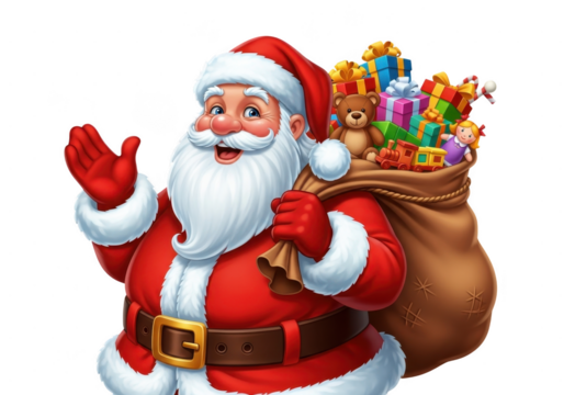 Cheerful cartoon santa claus waving with one hand while carrying a large sack full of colorful christmas presents and toys, isolated on transparent background