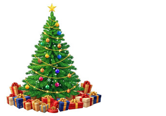 Beautifully decorated green christmas tree with many colorful gift boxes and presents underneath, isolated on transparent background