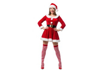 Smiling young woman dressed as a sexy santa claus girl in a red costume and striped stockings, isolated on transparent background