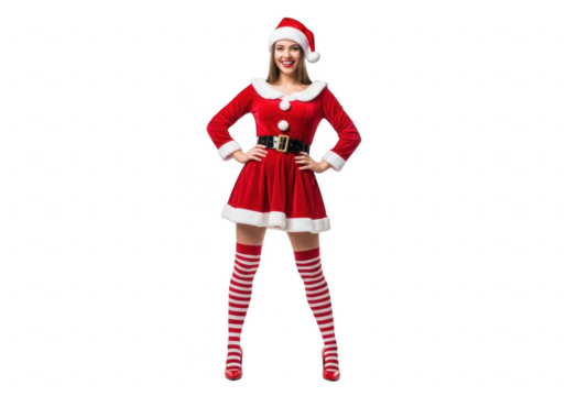 Smiling young woman dressed as a sexy santa claus girl in a red costume and striped stockings, isolated on transparent background - Powered by Adobe