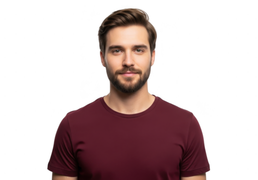 Portrait of a handsome young man with dark hair and a beard wearing a maroon tshirt, isolated on transparent background