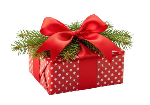 Festive red gift box wrapped in patterned paper with a large satin bow and green pine branch, isolated on transparent background - Powered by Adobe
