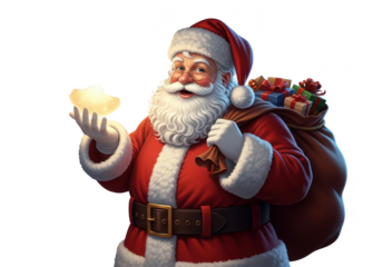 Cheerful santa claus holding a glowing light in one hand and carrying a large sack full of wrapped christmas presents on his back, isolated on transparent background