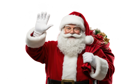 Portrait of happy santa claus waving hand and carrying a red sack full of christmas gift isolated on transparent background