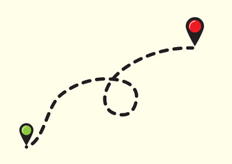 Illustration of a winding journey path shown as a dotted line connecting a green start pin to a red destination marker