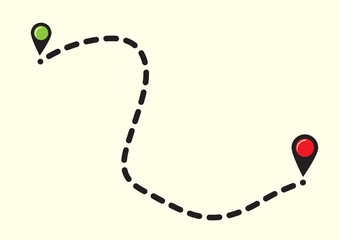 Naklejka premium Simple map navigation concept with a starting point and final destination connected by a winding dashed line route