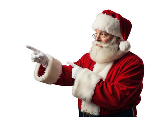 Portrait of santa claus pointing to the side with both hands, isolated on transparent background