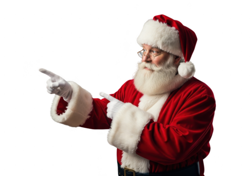 Portrait of santa claus pointing to the side with both hands, isolated on transparent background