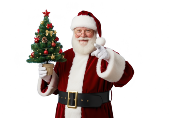 Cheerful santa claus holding a small decorated christmas tree and pointing forward, isolated on transparent background
