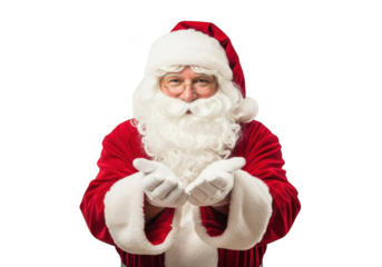 Portrait of happy santa claus wearing red suit and hat with white beard holding open hands isolated on transparent background