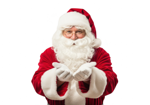 Portrait of happy santa claus wearing red suit and hat with white beard holding open hands isolated on transparent background