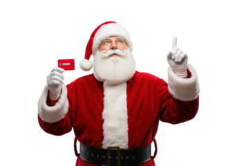 Santa claus pointing up with one hand and holding a small red gift card or credit card in the other, isolated on transparent background