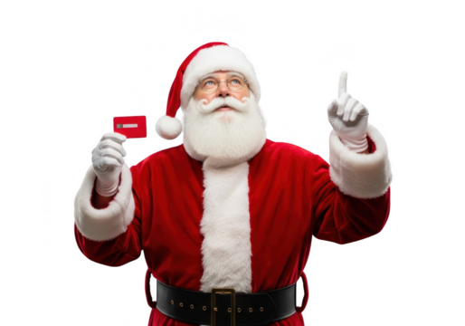 Santa claus pointing up with one hand and holding a small red gift card or credit card in the other, isolated on transparent background