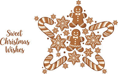 Gingerbread Christmas cookie illustration with candy canes, snowflakes, sweet holiday greeting text, festive winter design, decorative seasonal dessert artwork