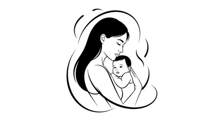 Mother holding her baby in a loving embrace black and white illustration.