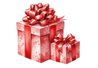 Watercolor illustration of two red gift boxes with big bows, isolated on transparent background for celebration and holiday design