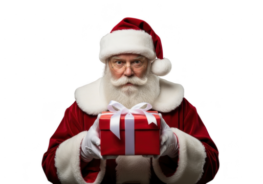 Portrait of santa claus wearing red suit and hat holding a small red gift box with white ribbon isolated on transparent background