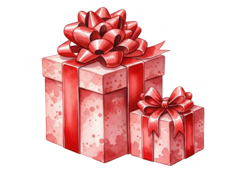 Watercolor illustration of two red gift boxes with big bows, isolated on transparent background for celebration and holiday design