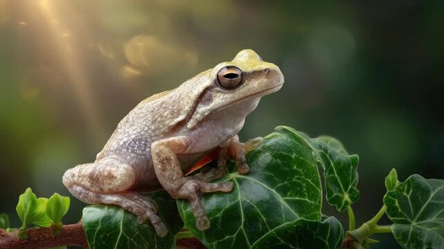 A small amphibian is gracefully perched on a lush green leaf and rustic branch, captured in a detailed close-up. Soft, warm sunlight filters through the natural environment, creating a gentle bokeh ef
