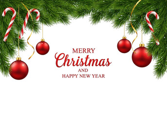 Merry christmas and happy new year greeting card design with hanging red bauble ornament, candy cane, and green fir branch border isolated on transparent background