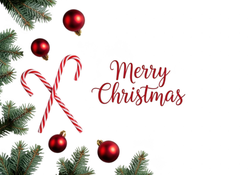 Merry christmas greeting card design with festive red baubles, candy canes, and fir tree branches isolated on transparent background