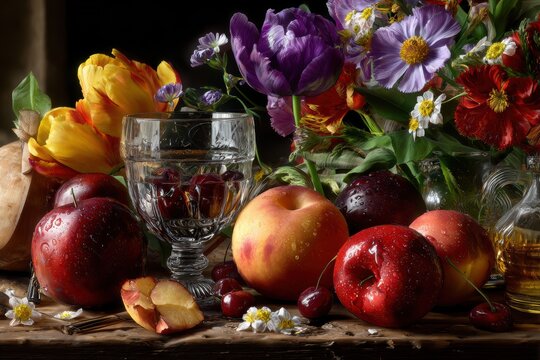 A photorealistic still life of fruits and flowers in the style of the Dutch masters.