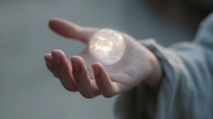 Person's hand holding a small, round object. the object appears to be a crystal ball or a sphere, with a smooth, shiny surface.