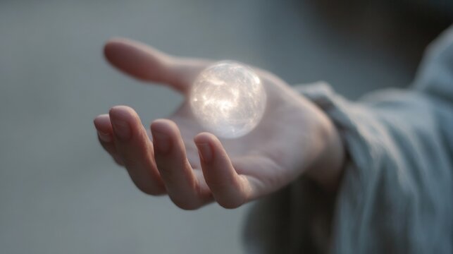Person's hand holding a small, round object. the object appears to be a crystal ball or a sphere, with a smooth, shiny surface.