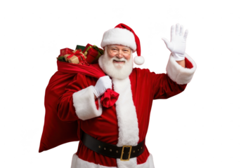 Happy santa claus waving hand while carrying a large sack full of christmas presents isolated on transparent background