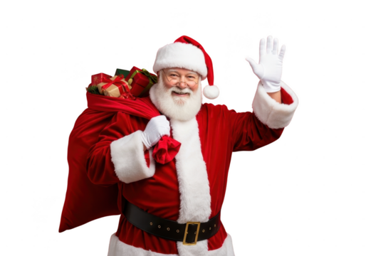 Happy santa claus waving hand while carrying a large sack full of christmas presents isolated on transparent background