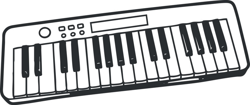Minimalist black and white vector illustration of a keyboard instrument ideal for music-themed projects and designs