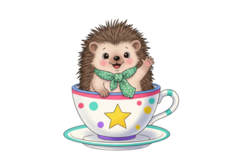 Cute cartoon baby hedgehog waving from inside a colorful polka dot teacup with a green scarf, isolated on transparent background