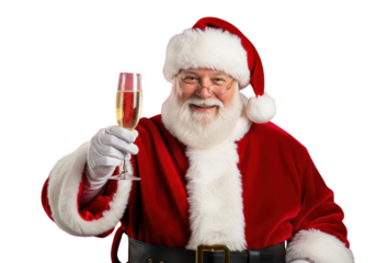 Jolly santa claus wearing traditional red suit and hat holding up a glass of champagne for a toast, isolated on transparent background