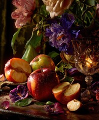 A photorealistic still life of fruits and flowers in the style of the Dutch masters. © Oleg Zhukov