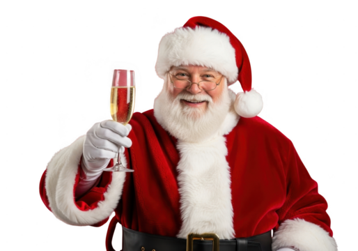 Jolly santa claus wearing traditional red suit and hat holding up a glass of champagne for a toast, isolated on transparent background