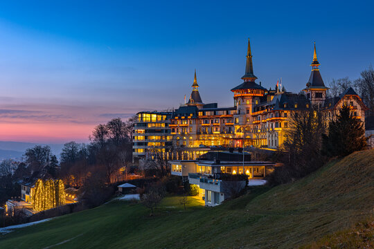 Zurich, Switzerland - November 22. 2025: The Grand Hotel Dolder in Christmas illumination. It is one of the most expensive hotels in Zurich, it has received many international important guests.