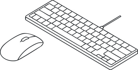 Outline vector illustration of a keyboard and mouse for technology and office design projects