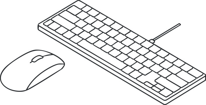 Outline vector illustration of a keyboard and mouse for technology and office design projects