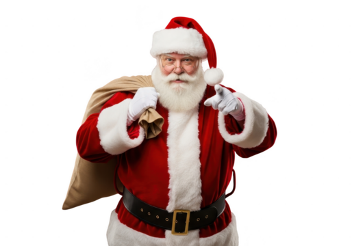 Portrait of santa claus wearing traditional red suit and hat, pointing directly at viewer with a sack of gift over shoulder, isolated on transparent background - Powered by Adobe