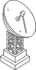 Outline vector illustration of a satellite dish on a support structure, ideal for technology and communication projects
