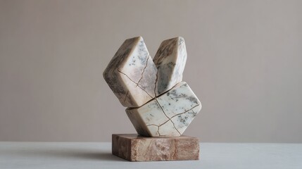 Photograph of a sculpture made of marble. the sculpture is in the shape of a hexagon, with three smaller hexagons stacked on top of each other.