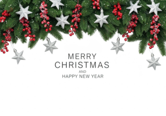Merry christmas and happy new year greeting card design with festive fir branch border decorated with silver star ornament and red berry garland isolated on transparent background