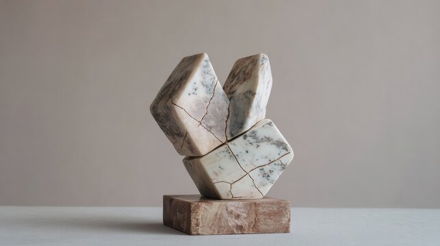 Photograph of a sculpture made of marble. the sculpture is in the shape of a hexagon, with three smaller hexagons stacked on top of each other.