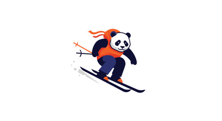 Fototapeta premium Animated panda skiing downhill in a orange hood