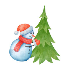 Watercolor snowman with a Christmas tree. Cute watercolor Christmas illustration on a white background for textiles and wrapping paper.
